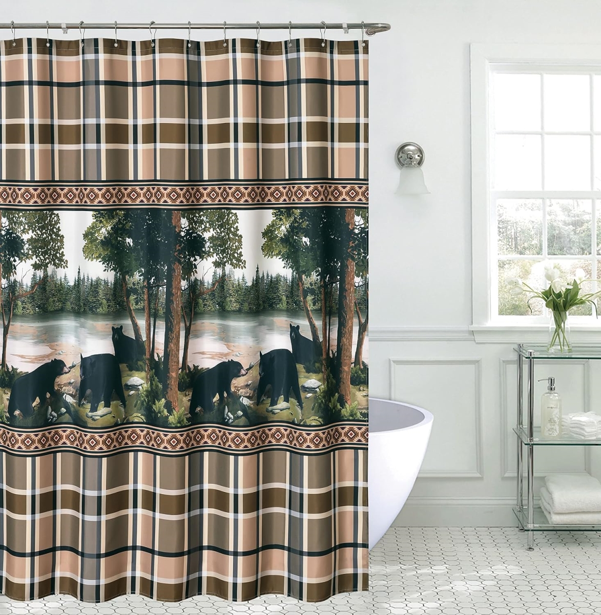 Picture of De Leon Collections 63255 Bear Playground Scenic Woodland Forest River Southwestern Plaid Decorative 72 in. Shower Curtain&#44; Multi Color