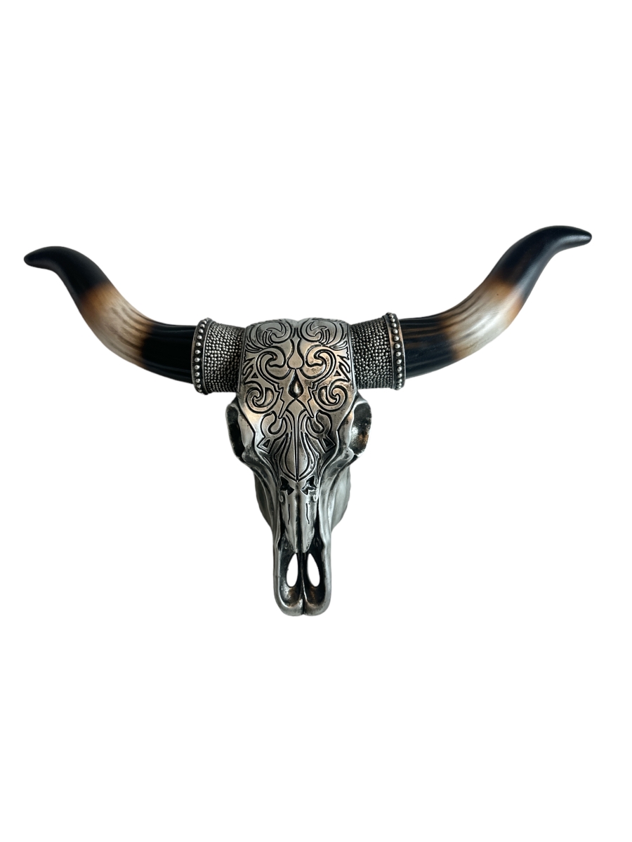 10957 Southwestern Silver Scroll Pattern Longhorn Cow Bull Skull with Black Tipped Horn Hanging Wall Dcor
