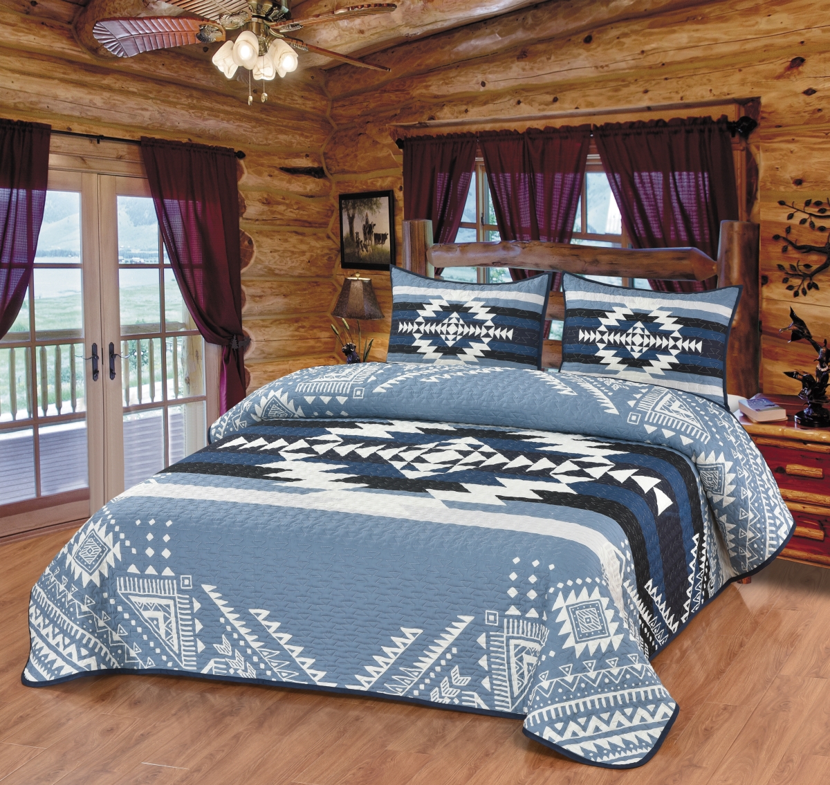 Picture of De Leon Collections 63830 Desert Harmony Southwestern Geometric Blue Tribal Pattern Decorative Bedding Set Queen Quilt + 2 Pillow Shams