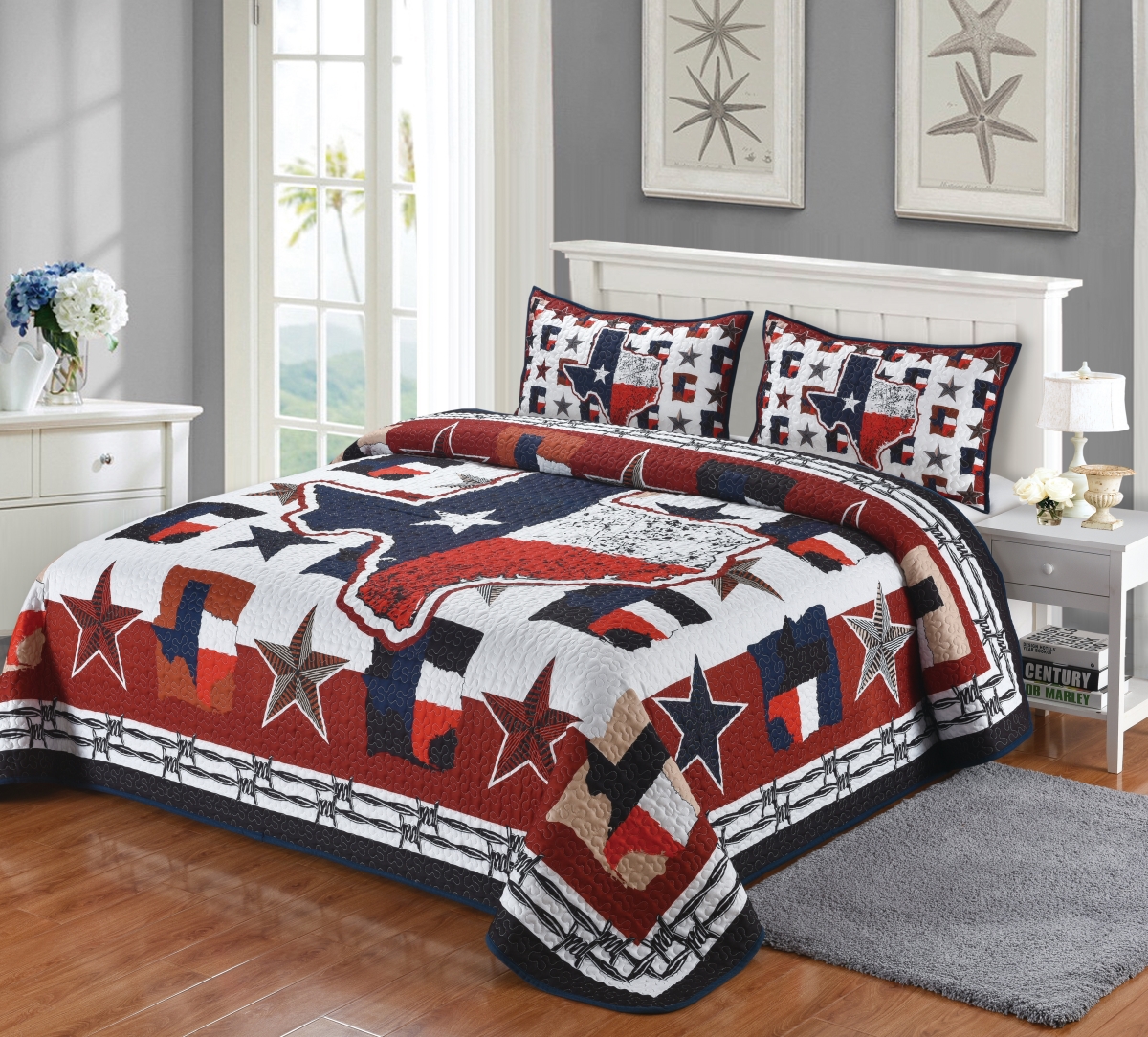 63010 Texas State Shaped Red, White & Blue Flag Lone Star Patchwork Decorative Bedding King Quilt + 2 Pillow Shams