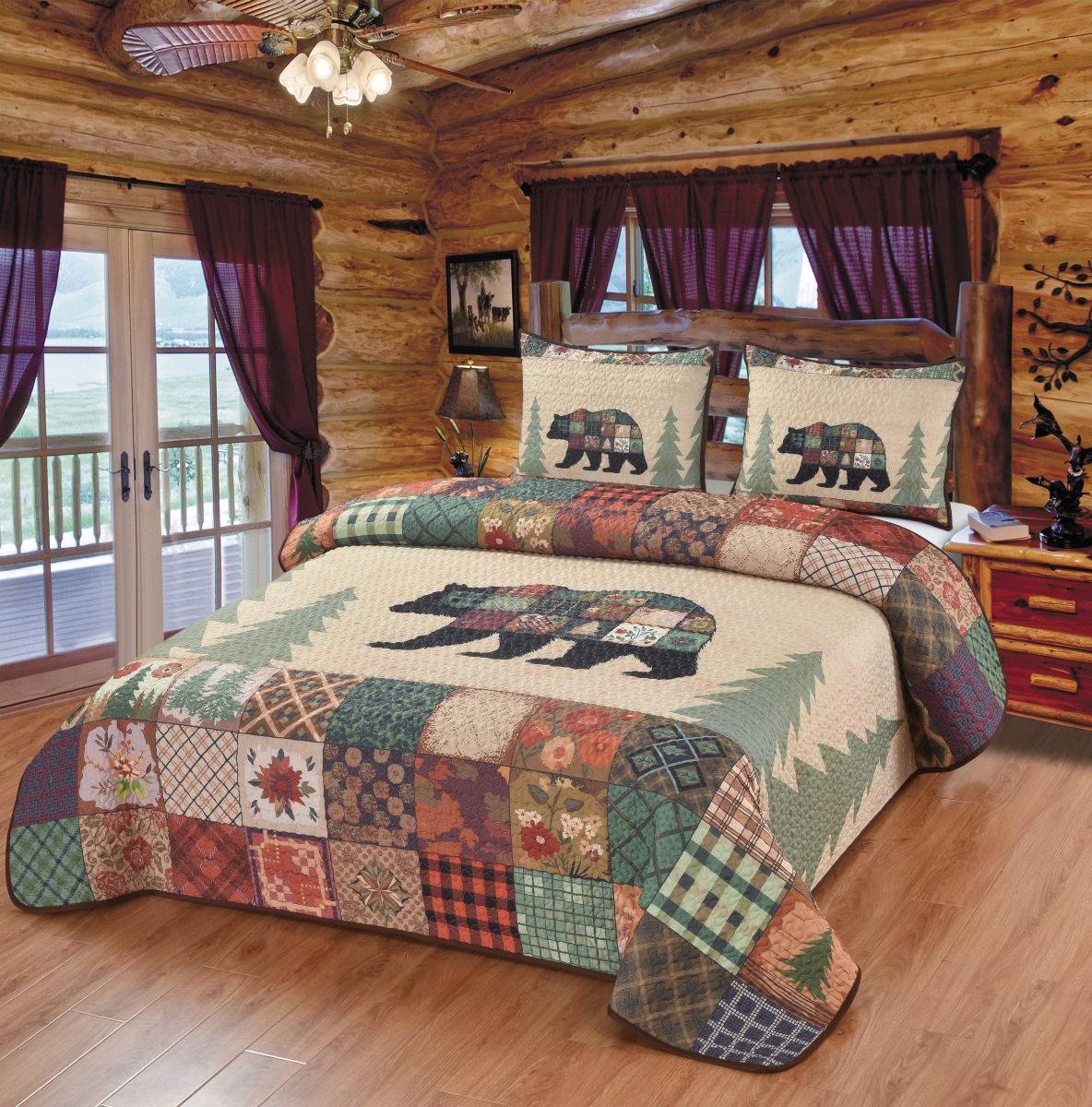 63843 Vibrant Wilderness Black Bear Forest Nature Boho Bright Floral Patchwork Bedding Set Queen Quilt + 2 Pillow Shams
