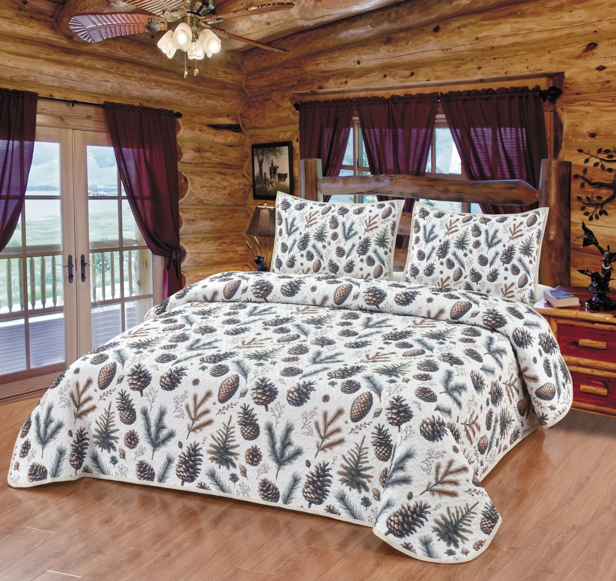 63854 Evergreen Harmony Wood Forest Pinecone Tree Lodge Cabin Decorative Quilt Bedding Set Queen Quilt + 2 Pillow Shams