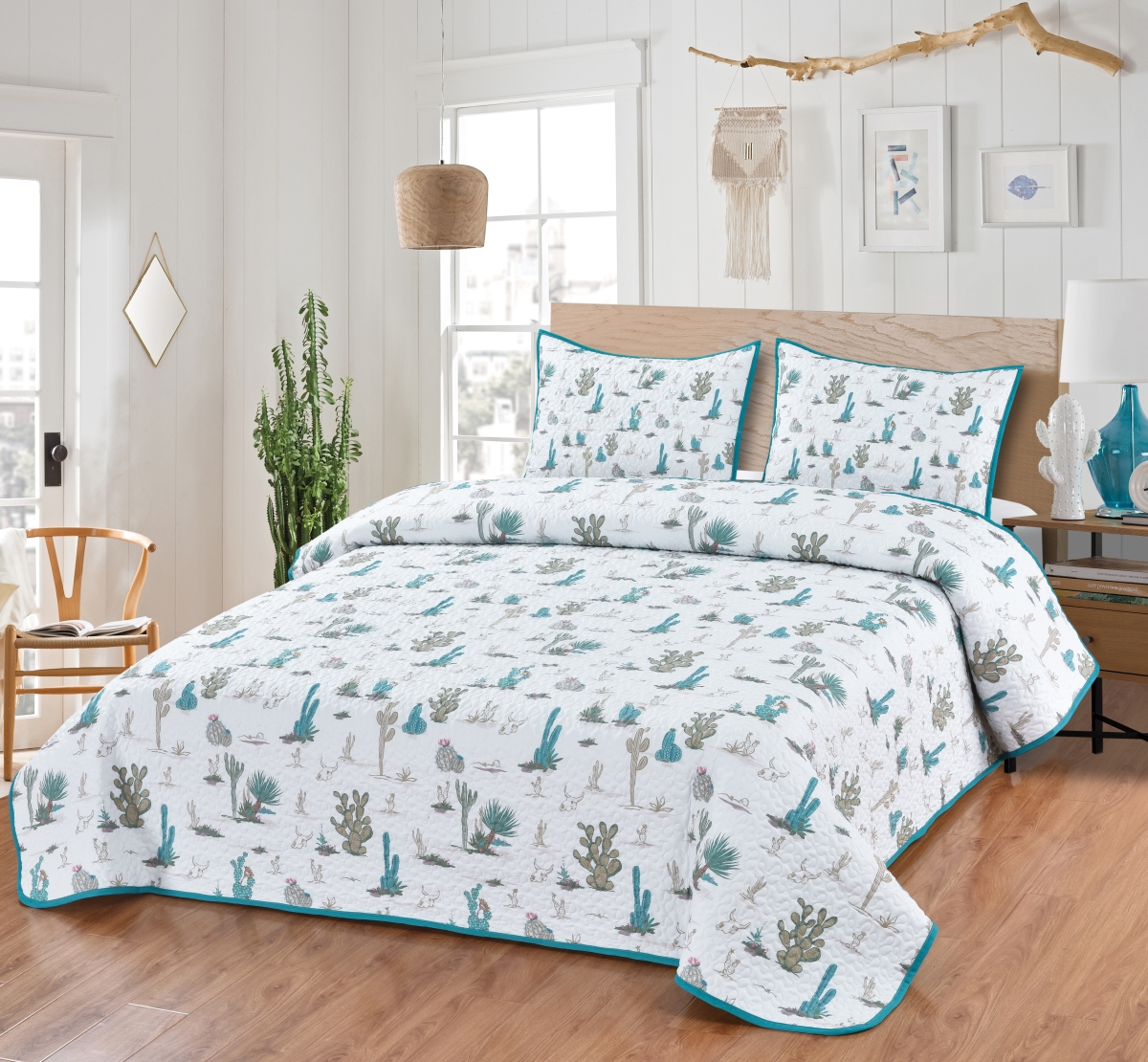 63779 Saguaro Desert Southwestern Desert Native Cactus Boho Decorative Bedding Set Queen Quilt + 2 Pillow Shams