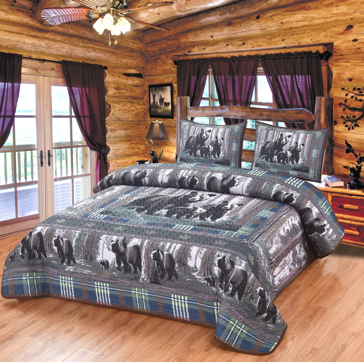 62340 Verdant Retreat Black Bear Forest Nature Plaid Border Patchwork King Quilt Bedding Set + 2 King Pillow Shams