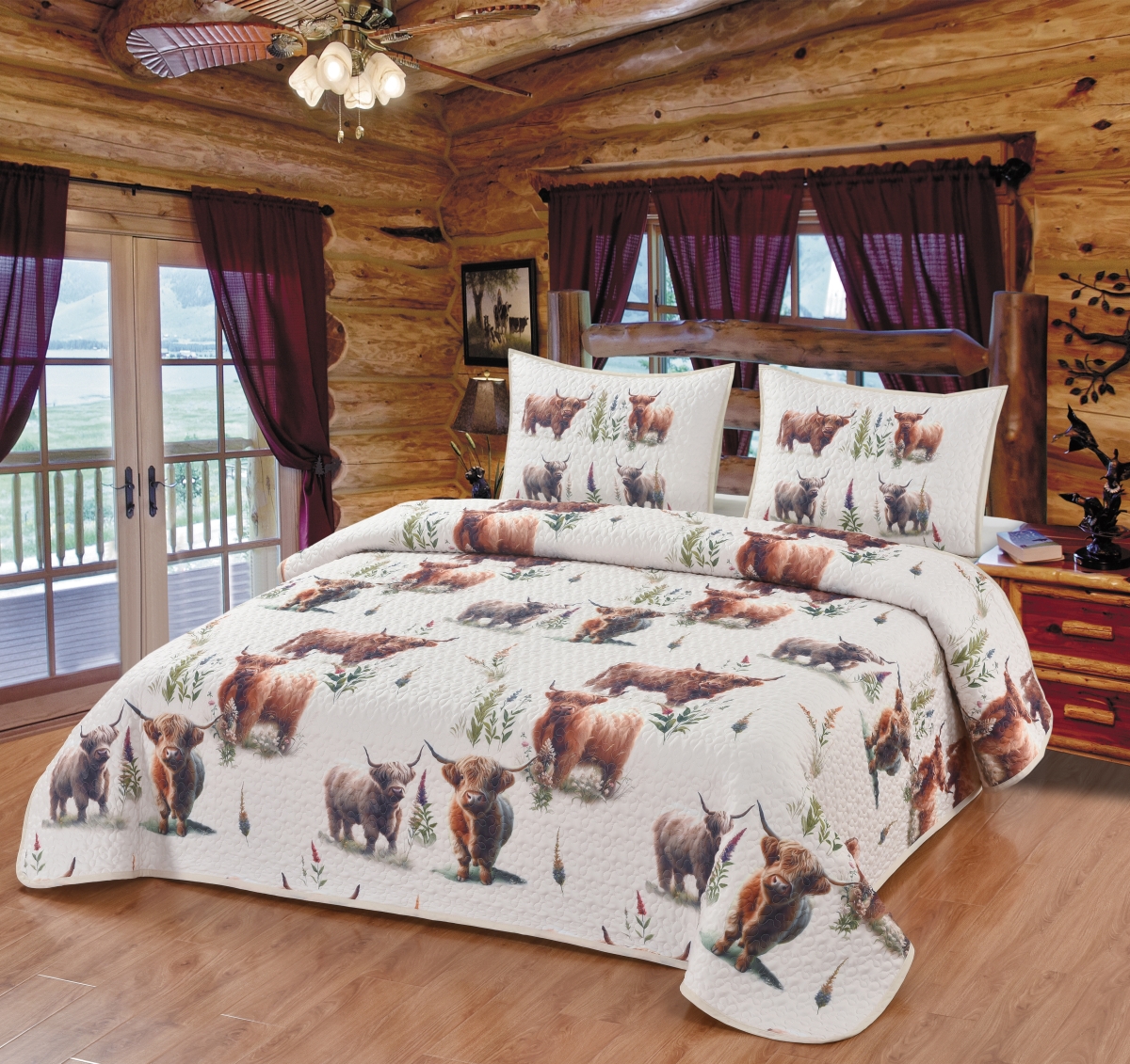 Happy Highland Cow Quilt Set - Brown & Cream - King - 3-Piece - Rustic Design