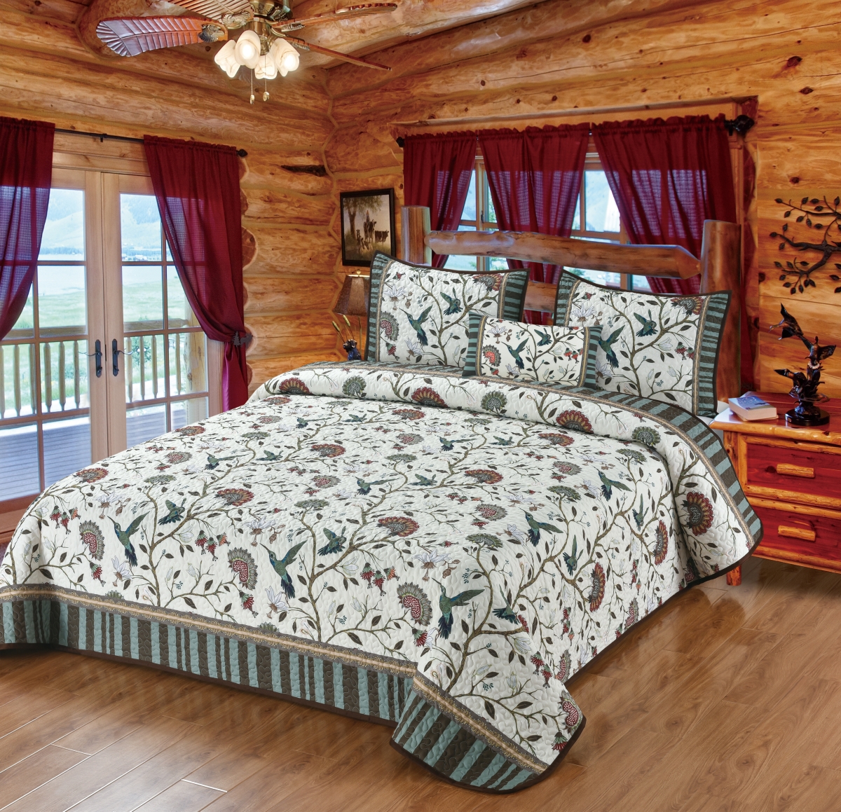 Summer Garden Hummingbird Floral Quilt Set - Multi-Color - Queen Size - 3-Piece - Durable Polyester