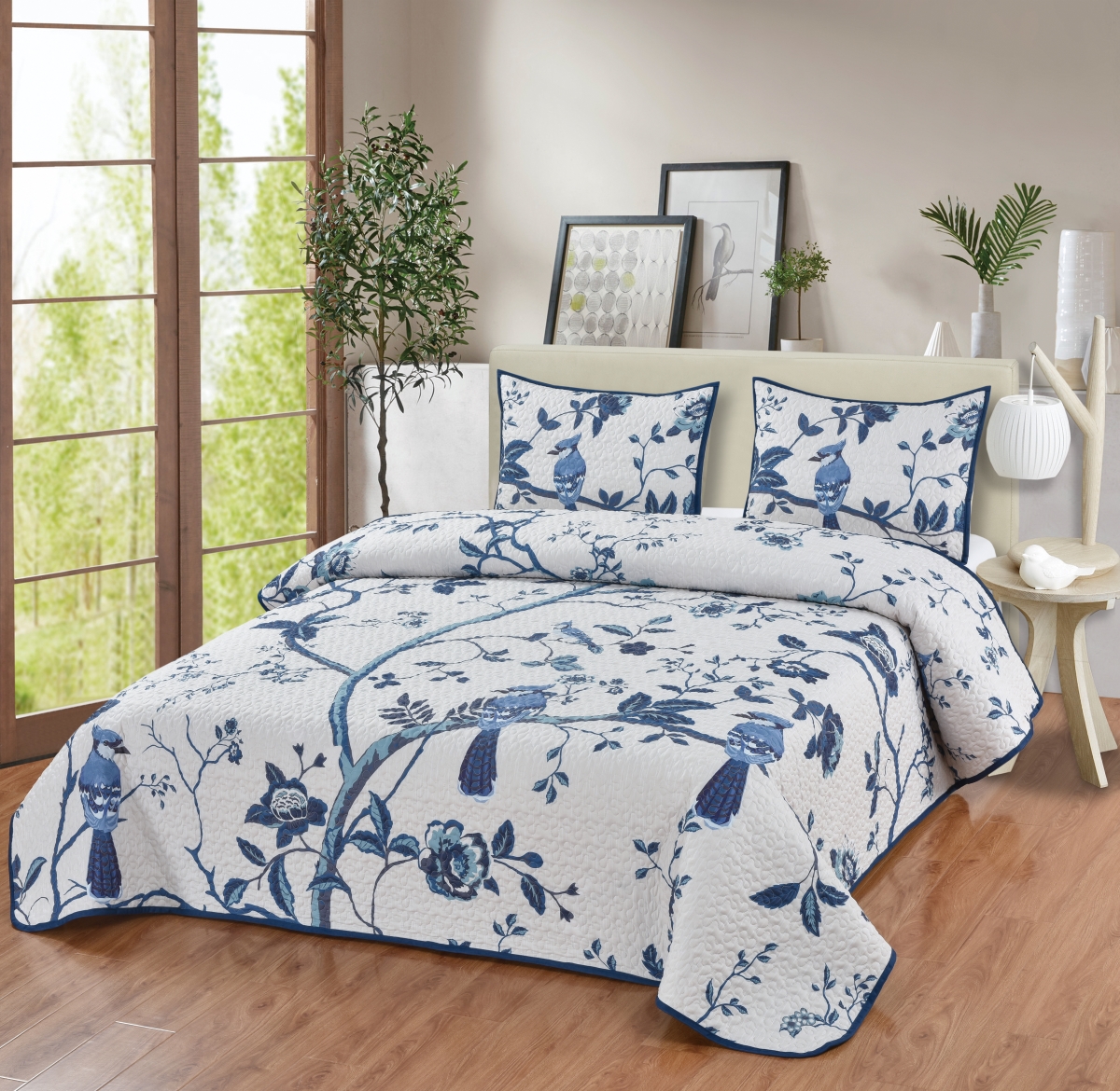 63775 Blue Jay Serene Nature Cozy Spring White Floral Boho Decorative Bedding Set Queen Quilt + 2 Pillow Shams