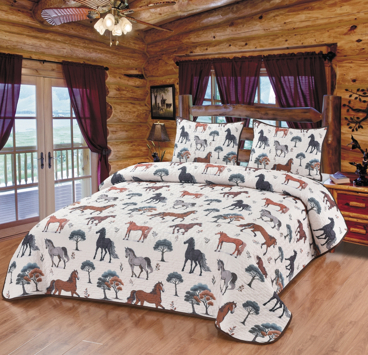 Horse Field Quilt Set - Rustic Multi-Color - Queen - Includes 2 Pillow Shams - Durable Polyester