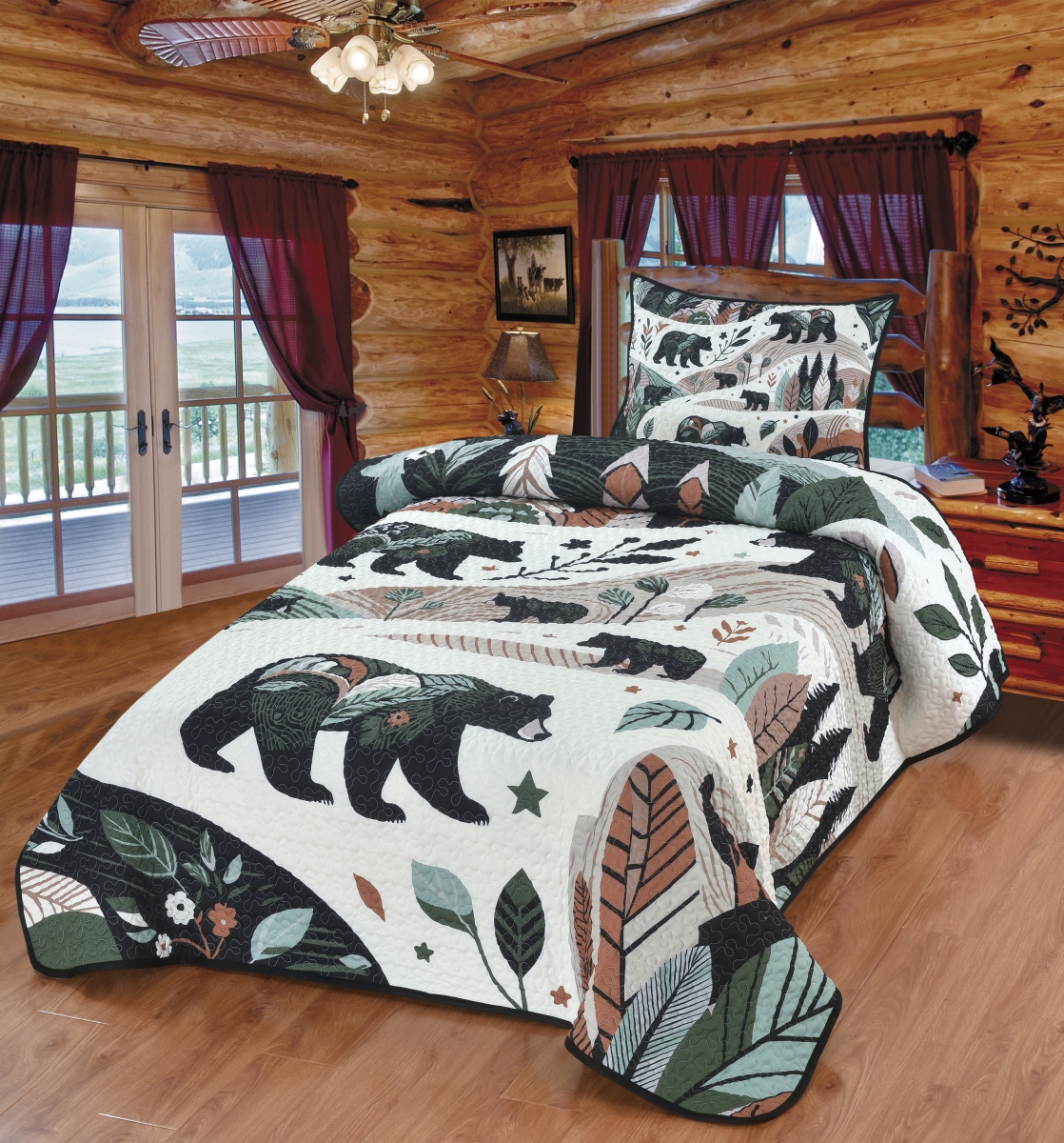 Forest Life Woodland Bear Quilt Set - Green - Twin - Includes Pillow Sham - Durable Polyester