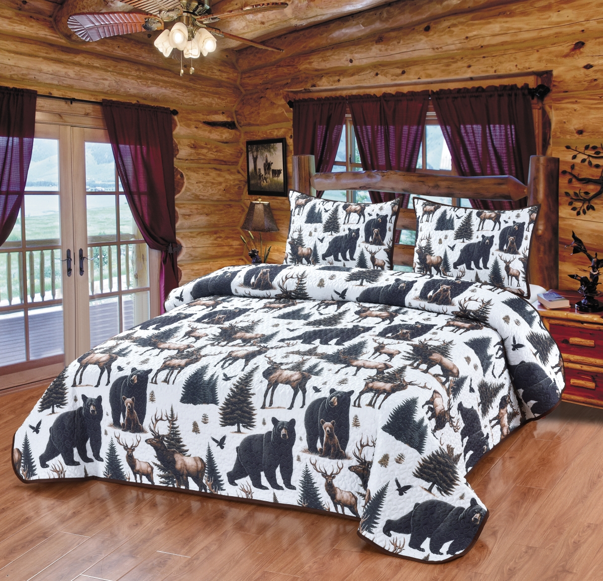 Picture of De Leon Collections 63841 Woodland Harmony Forest Rustic Nature Black Bear and Elk Decorative Bedding Set King Quilt + 2 Pillow Shams