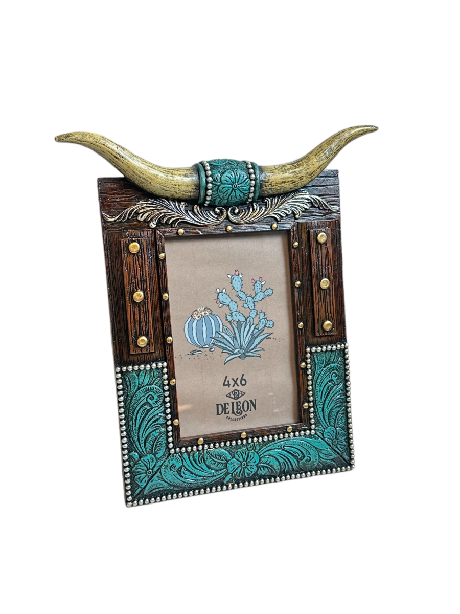 Picture of De Leon Collections 14814 Polyresin Faux Cow Horns & Turquoise Tooled Leather Floral 6 x 4 Standing Photo Picture Frame
