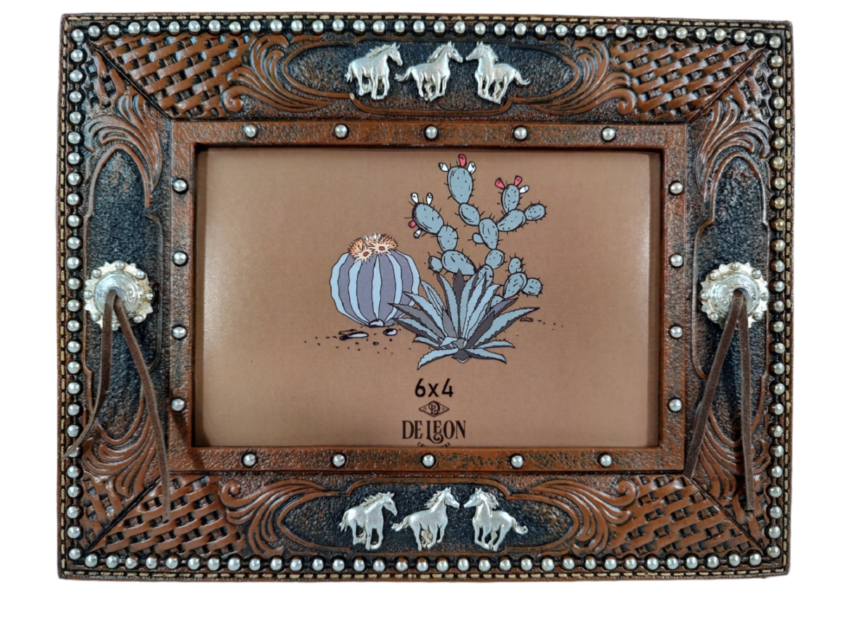 Picture of De Leon Collections 14208 Polyresin Faux Tooled Leather Western Rustic Concho Horses Landscape 6 x 4 Hanging Standing Photo Picture Frame