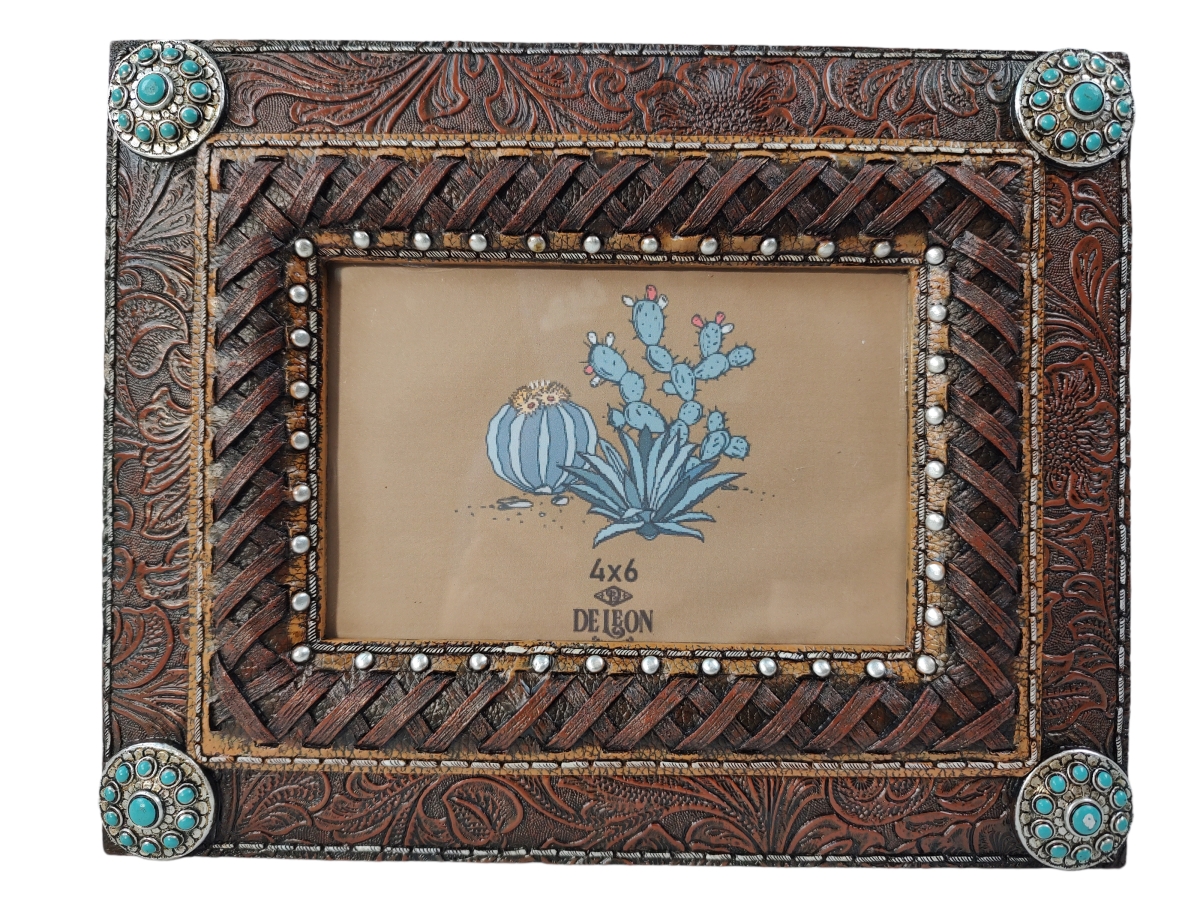 Picture of De Leon Collections 14649 Polyresin Faux Tooled Leather Western Rustic Turquoise Concho 6 x 4 Standing Photo Picture Frame