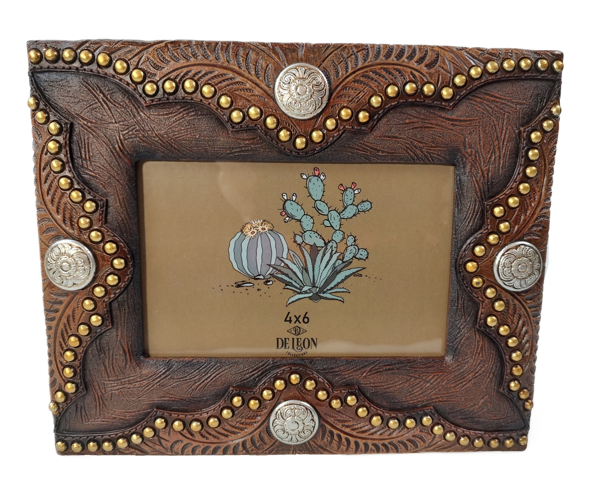 Picture of De Leon Collections 14216 Polyresin Faux Tooled Leather Western Rustic Concho 6 x 4 Standing Photo Picture Frame