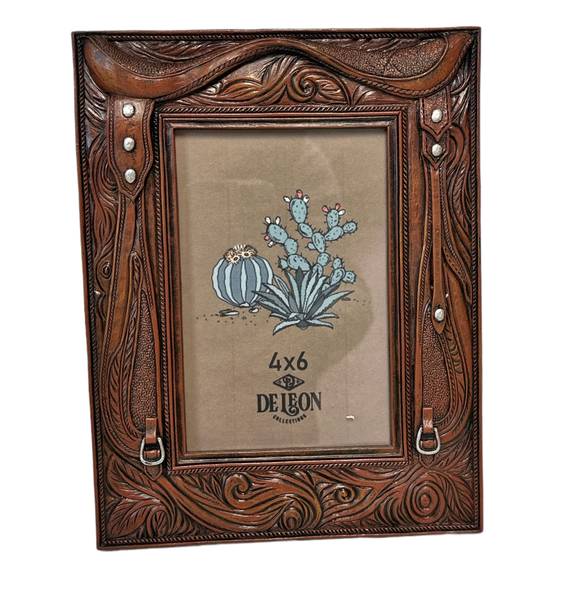 Picture of De Leon Collections 14022 Polyresin Faux Tooled Leather Western Rustic Horse Saddle 6 x 4 Standing Photo Picture Frame