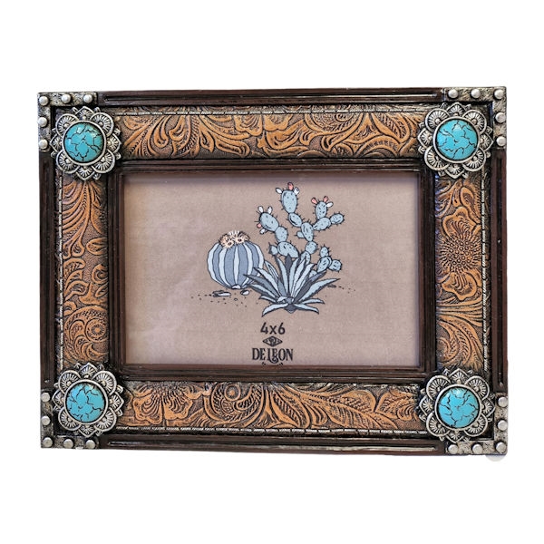 Picture of De Leon Collections 14775 Resin Brown Floral Tooled Leather Western Rustic Turquoise Stone Concho 6 x 4 Photo Picture Frame