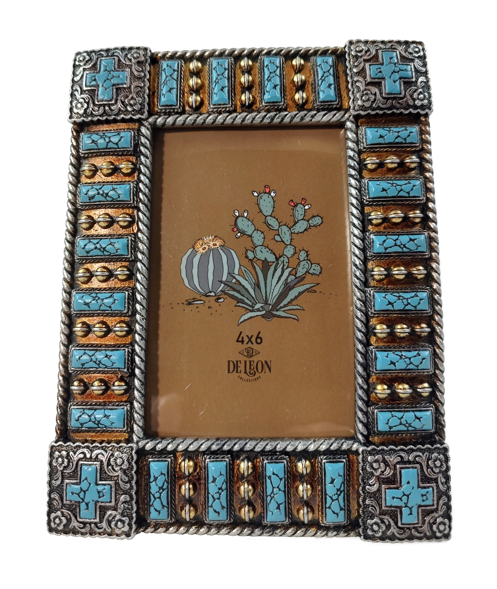 Picture of De Leon Collections 14251 Polyresin Rustic Western Concho Cross with Turquoise Accents 6 x 4 Standing Photo Picture Frame