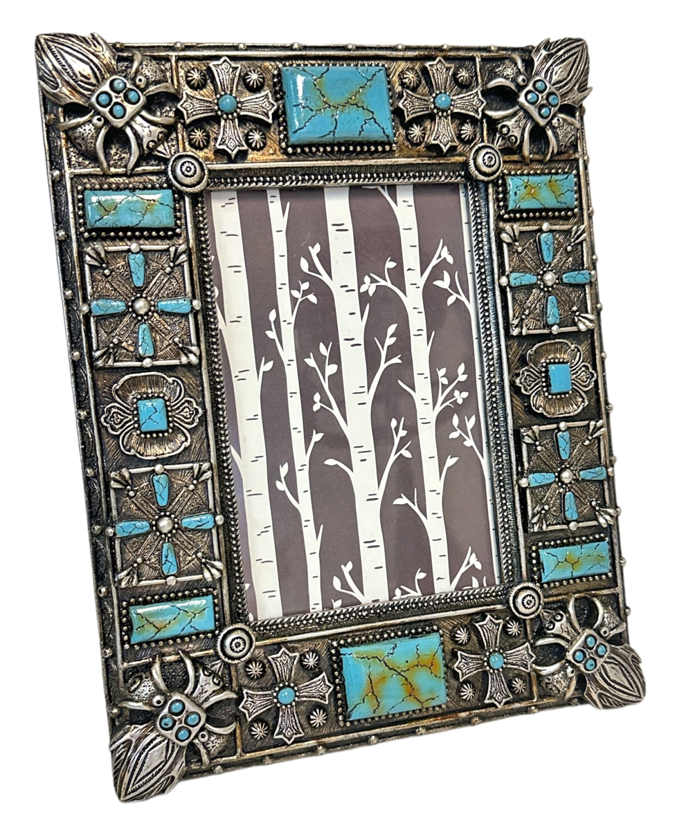Picture of De Leon Collections 14882 Rustic Faux Metal Fleur De Lis Concho with Turquoise Rectangle Stone 6 x 4 Photo Picture Frame