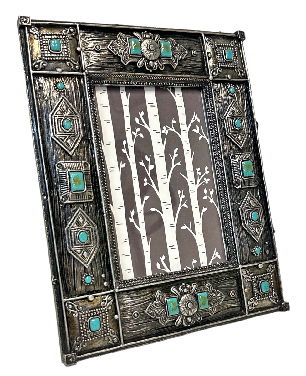 Picture of De Leon Collections 14880 Polyresin Rustic Faux Wood and Concho with Turquoise Dot Beads 6 x 4 Photo Picture Frame
