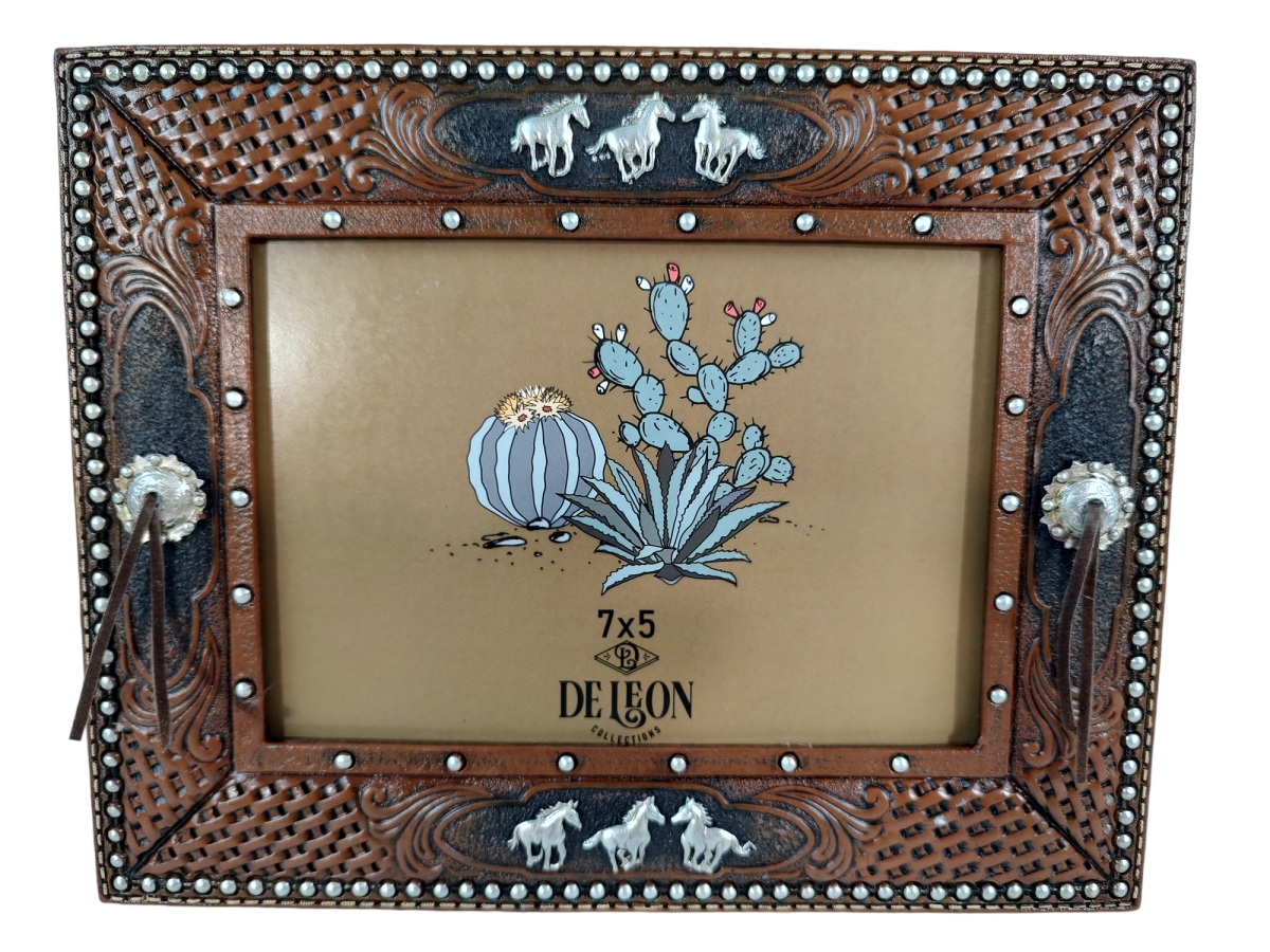 Picture of De Leon Collections 14207 Polyresin Faux Tooled Leather Western Rustic Concho Horses Landscape 7 x 5 Hanging Standing Photo Picture Frame