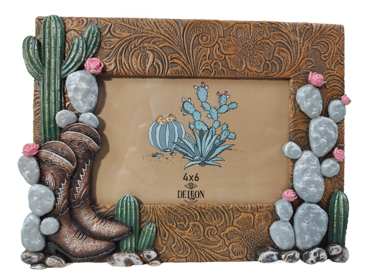 Picture of De Leon Collections 14282 Polyresin Western Cowboy Boots & Rustic Cactus 6 x 4 Standing Photo Picture Frame