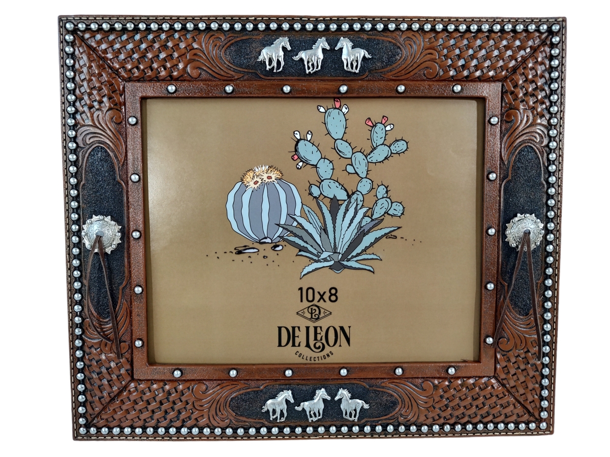 Picture of De Leon Collections 14206 Polyresin Faux Tooled Leather Western Rustic Concho Horses Landscape 10 x 8 Hanging Standing Photo Picture Frame