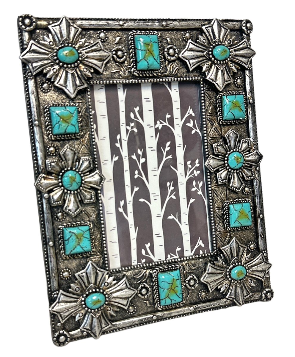 Picture of De Leon Collections 14881 Polyresin Rustic Faux Metal Floral Concho with Turquoise Stones 6 x 4 Photo Picture Frame
