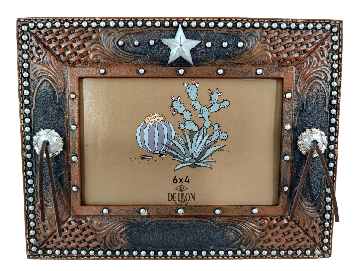 Picture of De Leon Collections 14209 Polyresin Faux Tooled Leather Western Rustic Concho Star 6 x 4 Standing Landscape Photo Picture Frame
