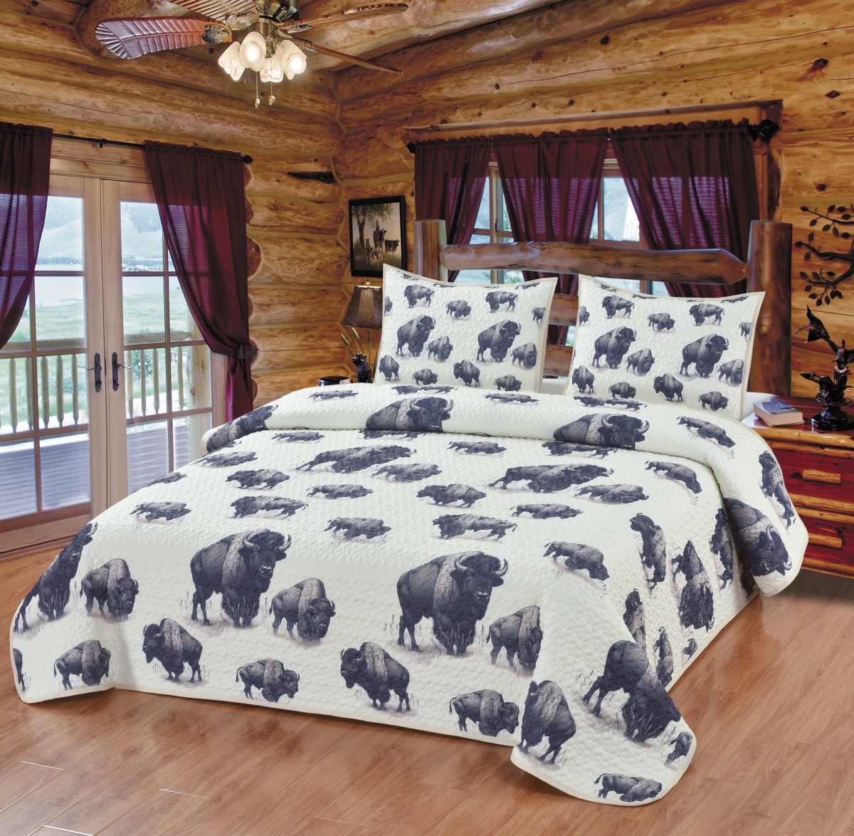 Picture of De Leon Collections 63850 Echo of the Wild West Southwestern Bison Buffalo Decorative Plush Microfiber Quilt Bedding Set / Size: Queen Quilt