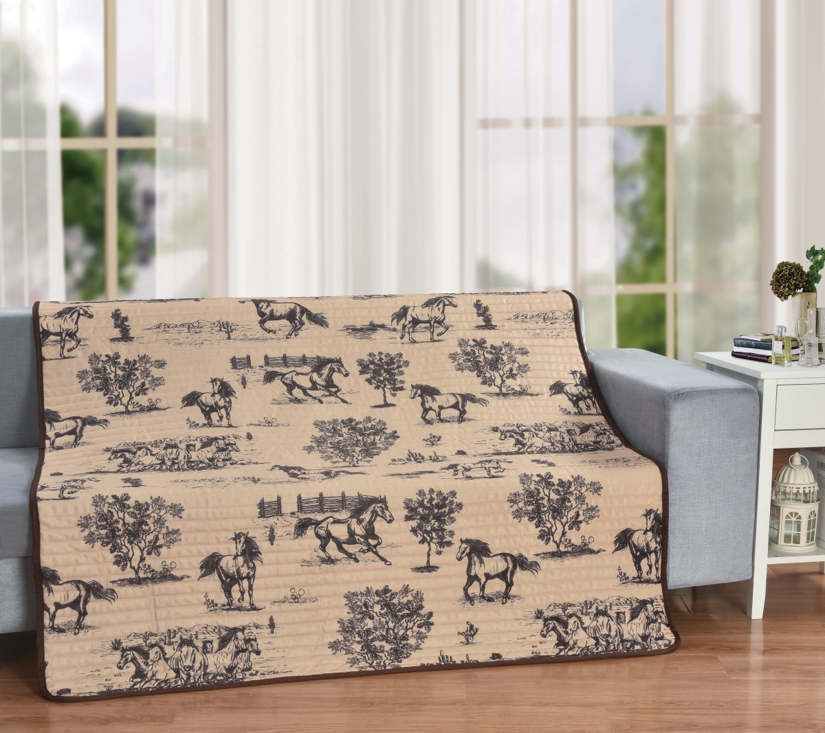 Picture of De Leon Collections 63871 Ranchland Horses Tan Rustic Farmhouse 50 x 60 Decorative Plush Microfiber Quilt Throw Blanket
