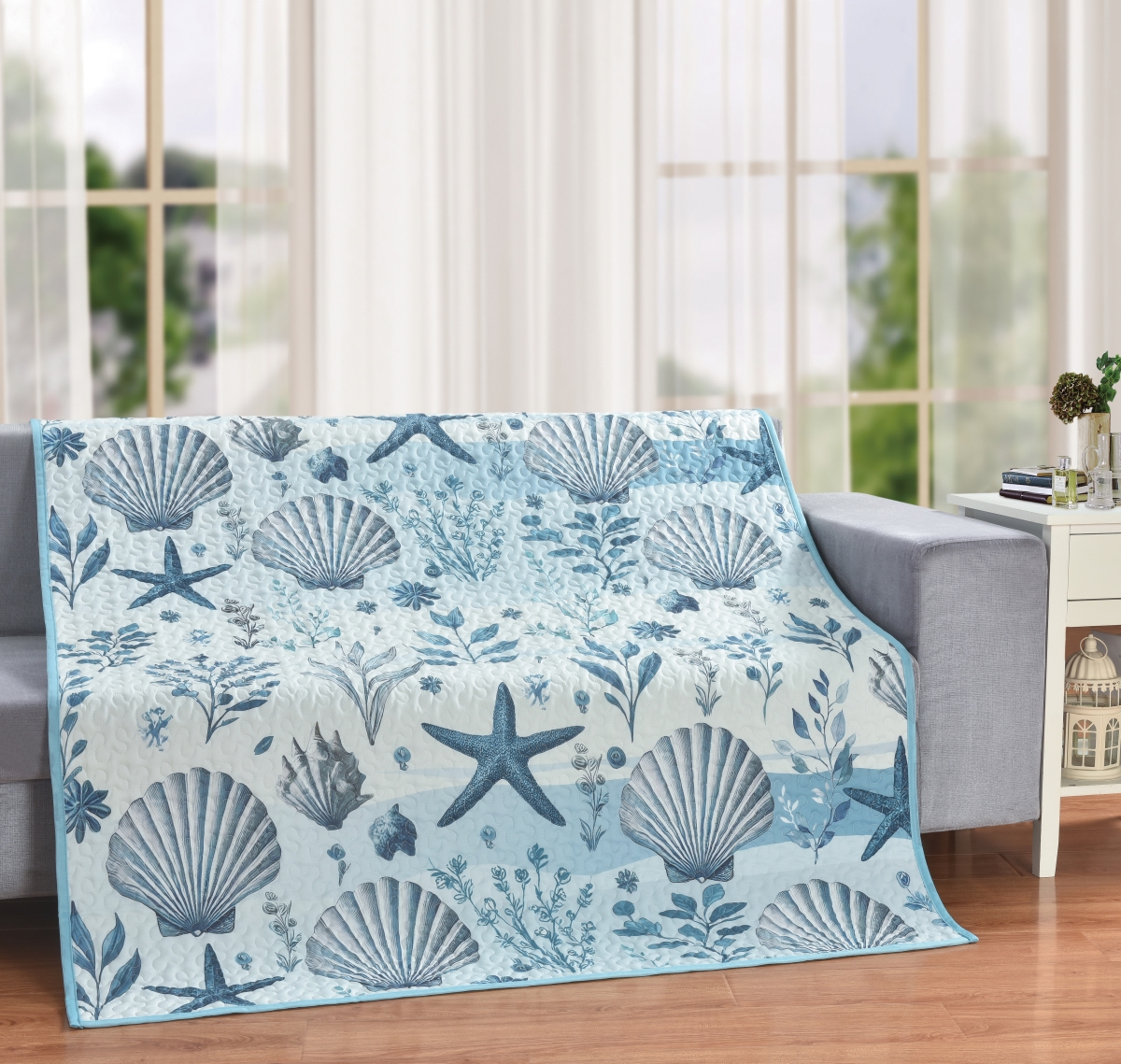 Picture of De Leon Collections 63868 Ocean Serenity Sea Starfish Seashell Blue & White Nautical 60 x 50 Decorative Quilt Throw Blanket