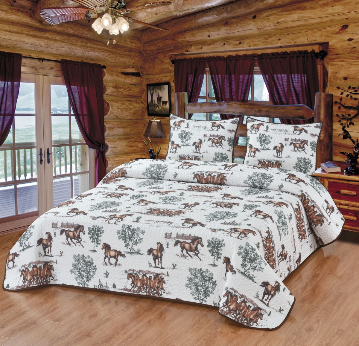 Rustic Trail Horses Quilt Set - Cream/Brown - Queen - Decorative Bedding