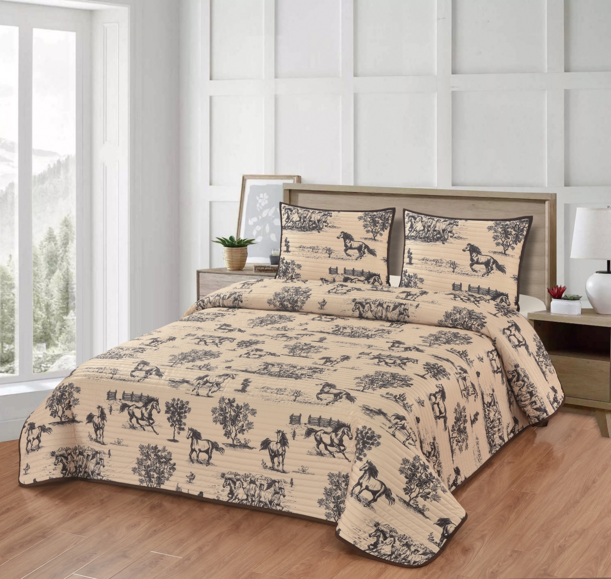 Picture of De Leon Collections 63872 Ranchland Horses Tan Rustic Western Farmhouse Decorative Plush Microfiber Quilt Bedding Set / Size: Queen Quilt