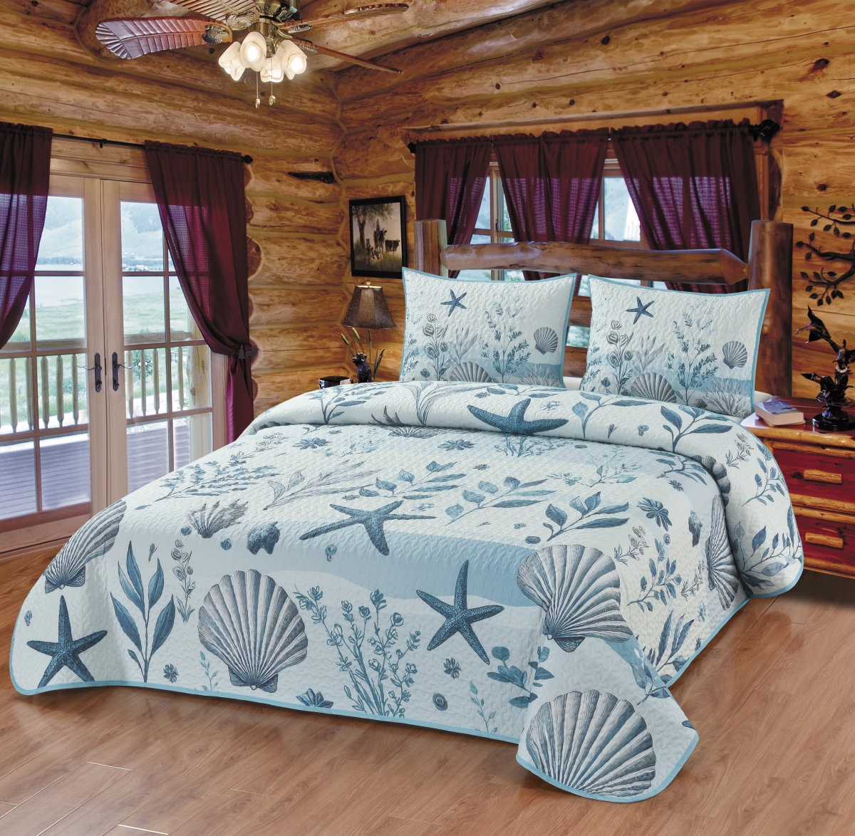 Picture of De Leon Collections 63869 Ocean Serenity Sea Starfish Seashell Blue & White Nautical Themed Decorative Quilt Bedding Set / Size: Queen Quilt