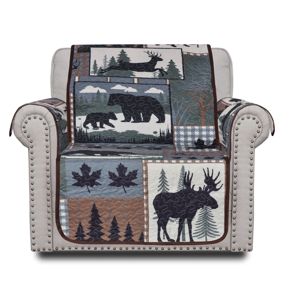 Picture of De Leon Collections 62280 Woodland Bear Patchwork Plaid Nature Wild Animal Bear Moose Armchair Recliner Furniture Slipcover