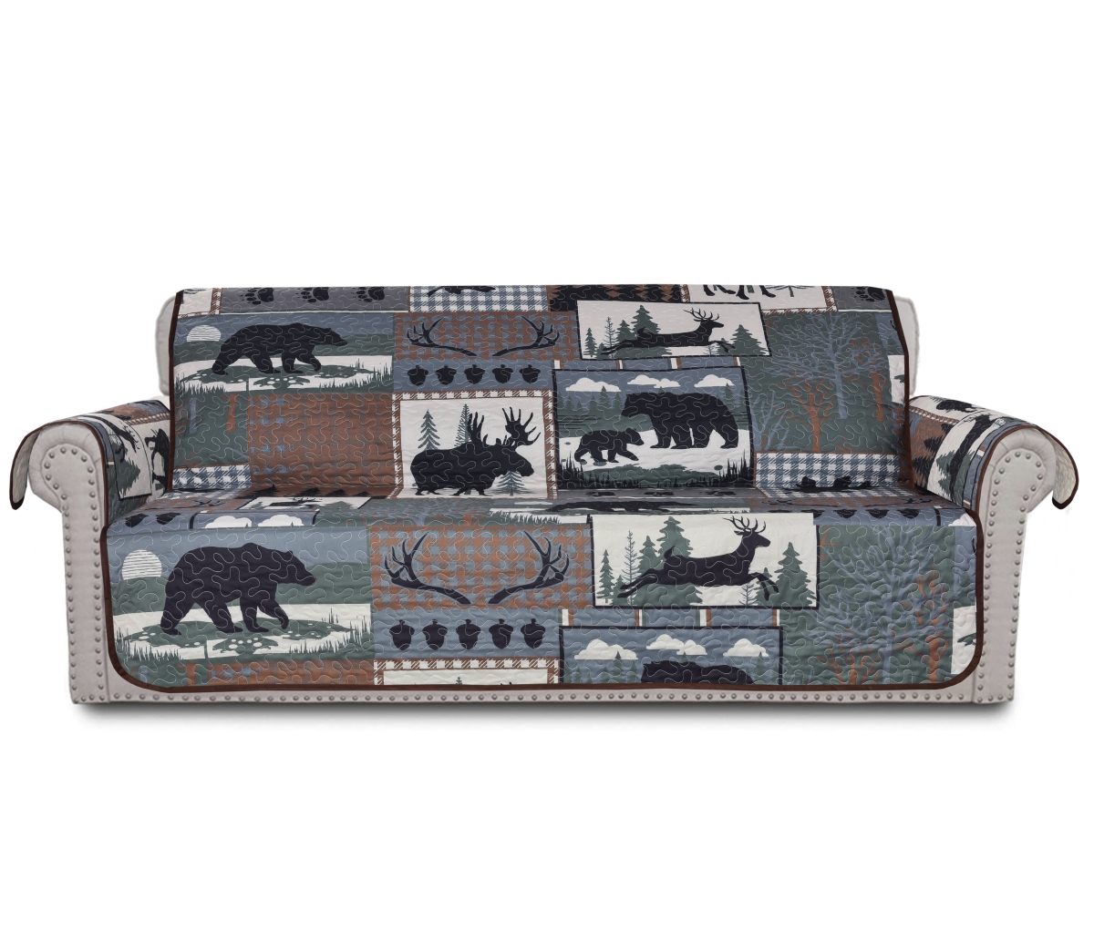 Woodland Bear Patchwork Sofa Slipcover - Multi-Color - 75in. x 112in. - Quilted Design