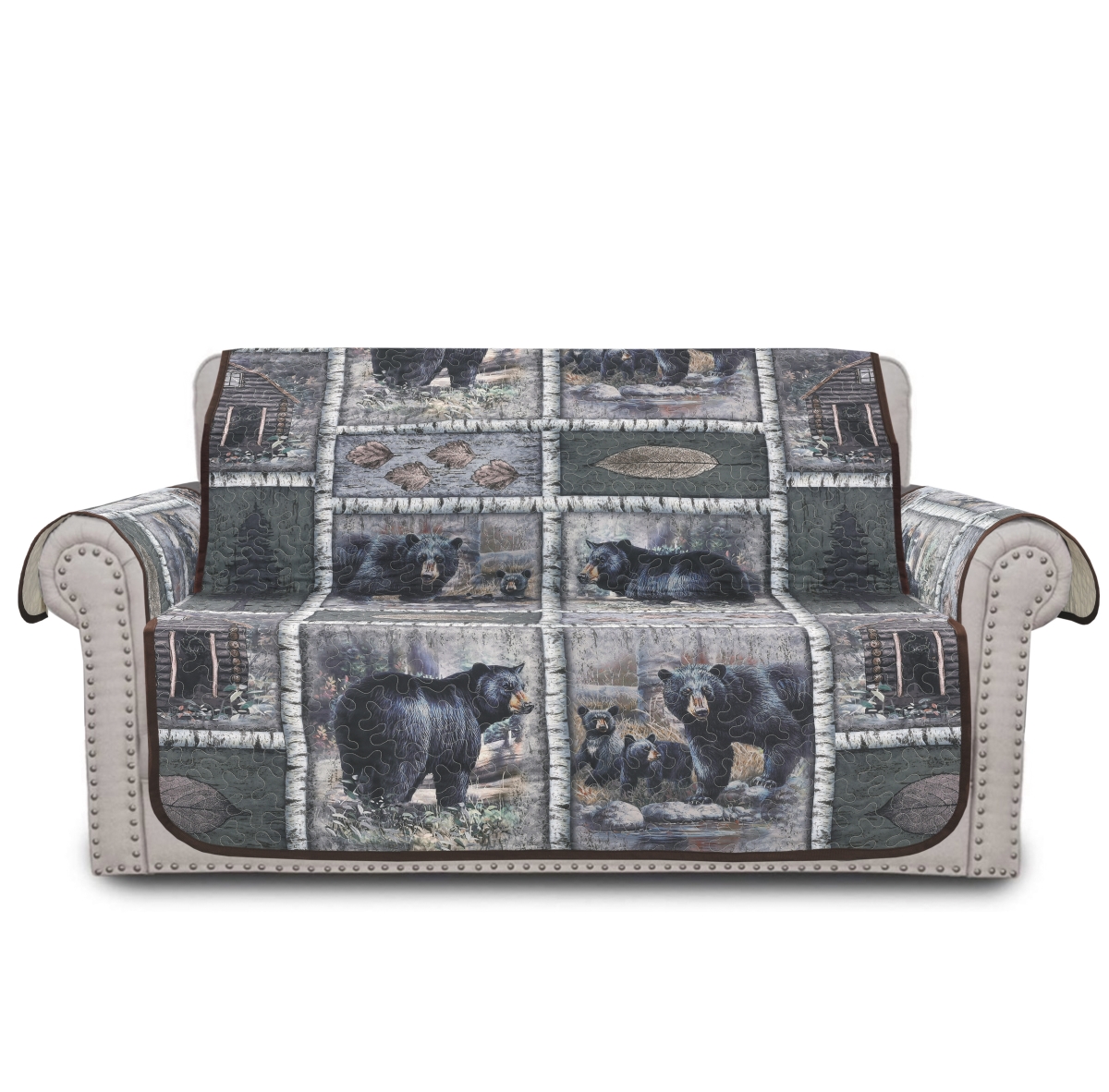 Picture of De Leon Collections 62305 Bear Lodge Patchwork Woodland Cabin Black Bear Birch Themed Loveseat Furniture Slipcover