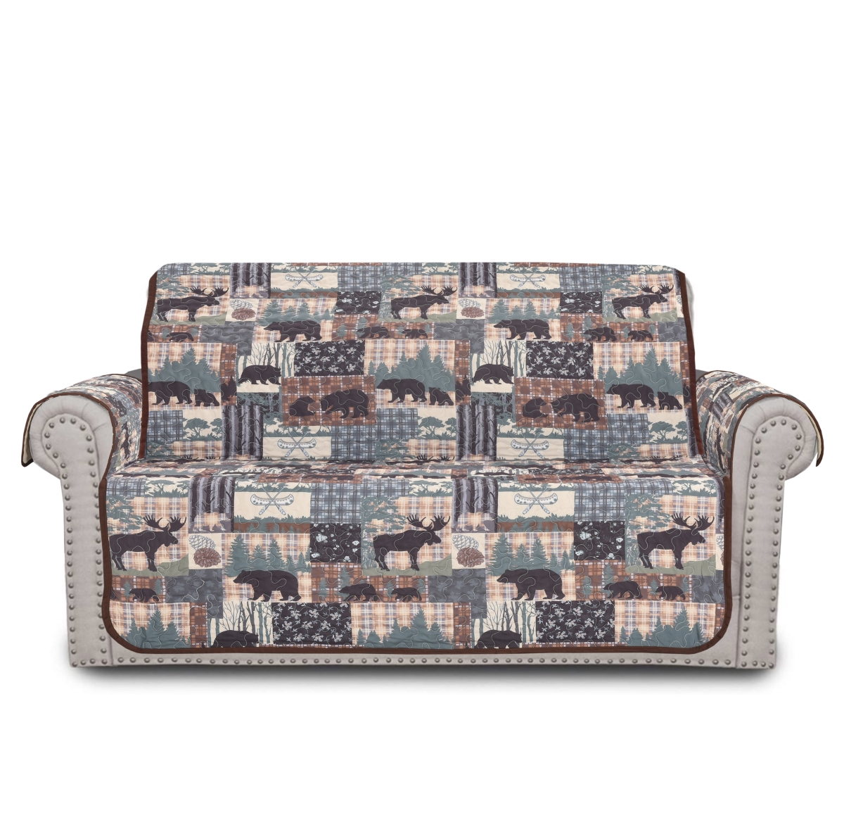 Picture of De Leon Collections 63812 Grand Bear Lodge Patchwork Plaid Woodland Animal Outdoor Activities Box Cushion Loveseat Slipcover