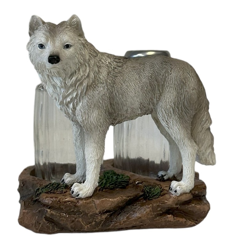 Picture of De Leon Collections 15644 Polyresin Grey Wolf Standing in Woodland Forest Nature Themed Salt and Pepper Shaker Holder Set