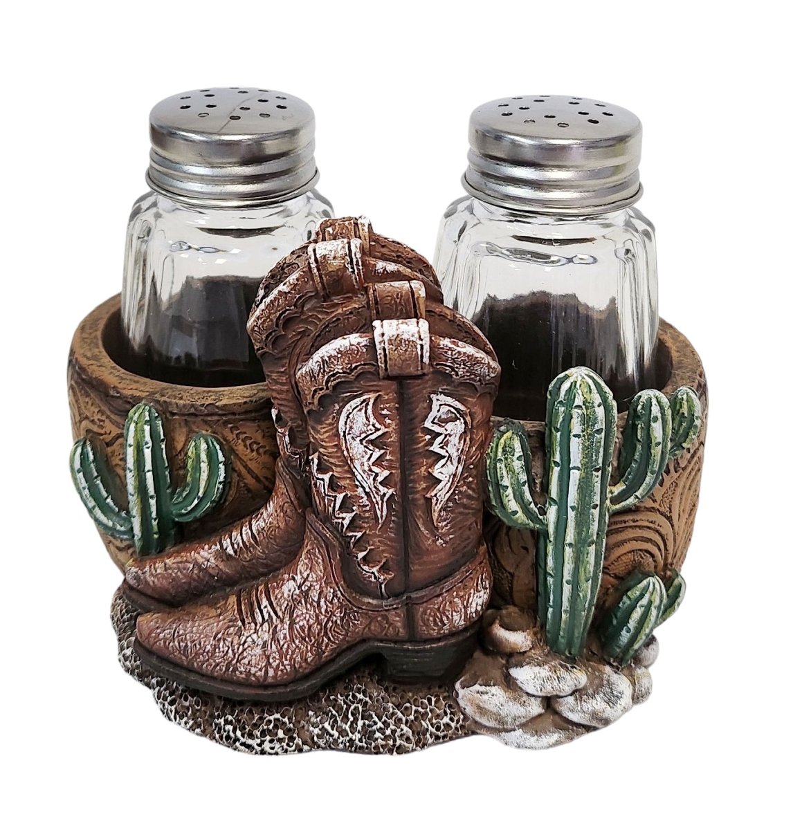 Picture of De Leon Collections 14281 Polyresin Western Brown Boots with Desert Cactus Jars Country Salt and Pepper Shaker Holder Set