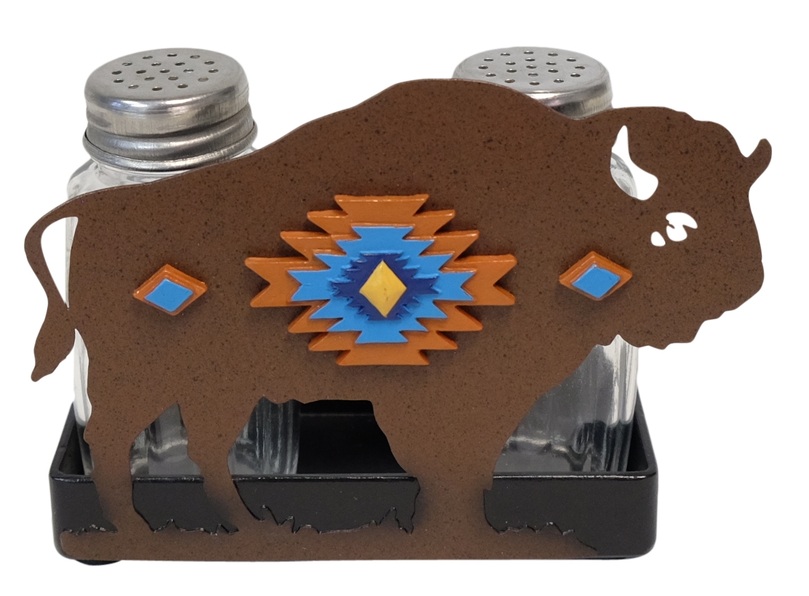 Picture of De Leon Collections 14145 Metal Pecos Native Tribal North American Bison Buffalo Salt and Pepper Shaker Holder Set