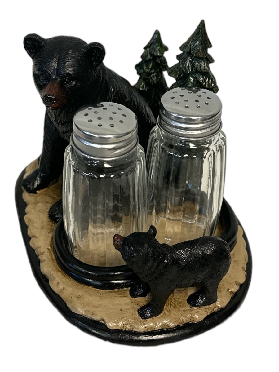 Picture of De Leon Collections 15676 Polyresin Black Bear and Cub Woodland Forest Log Cabin Rustic Salt and Pepper Shaker Holder Set