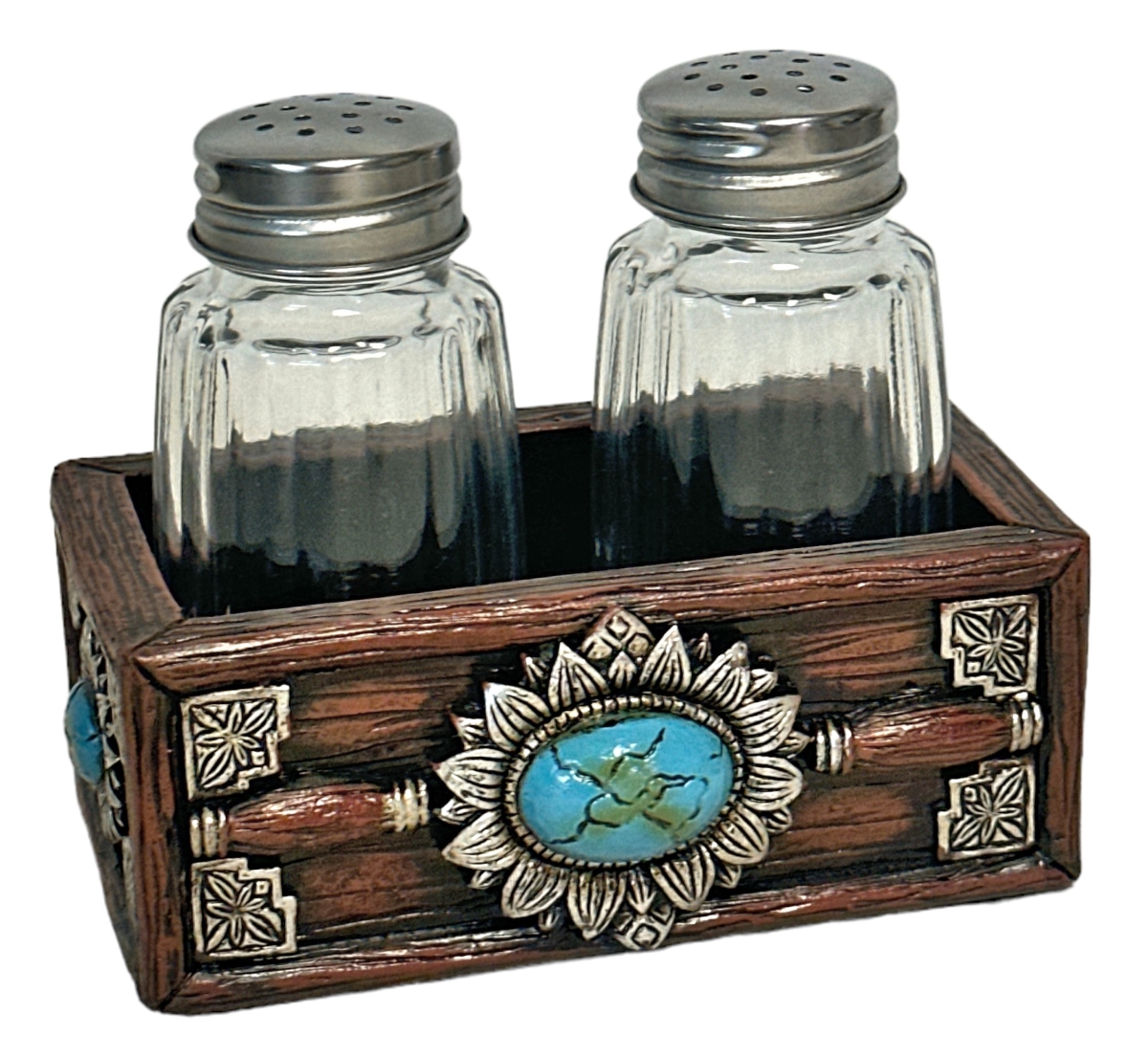 Picture of De Leon Collections 14890 Polyresin Distressed Turquoise Pendant Stone with Faux Wood Box Salt and Pepper Shaker Holder Set