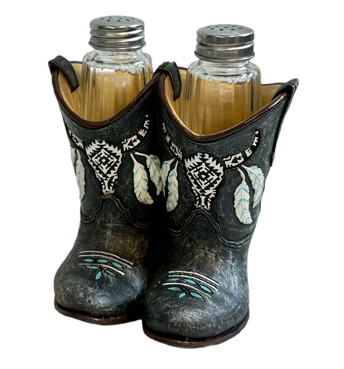 Picture of De Leon Collections 14047 Polyresin Western Black Boots with Native Cow Skull & Feathers Salt and Pepper Shaker Holder Set