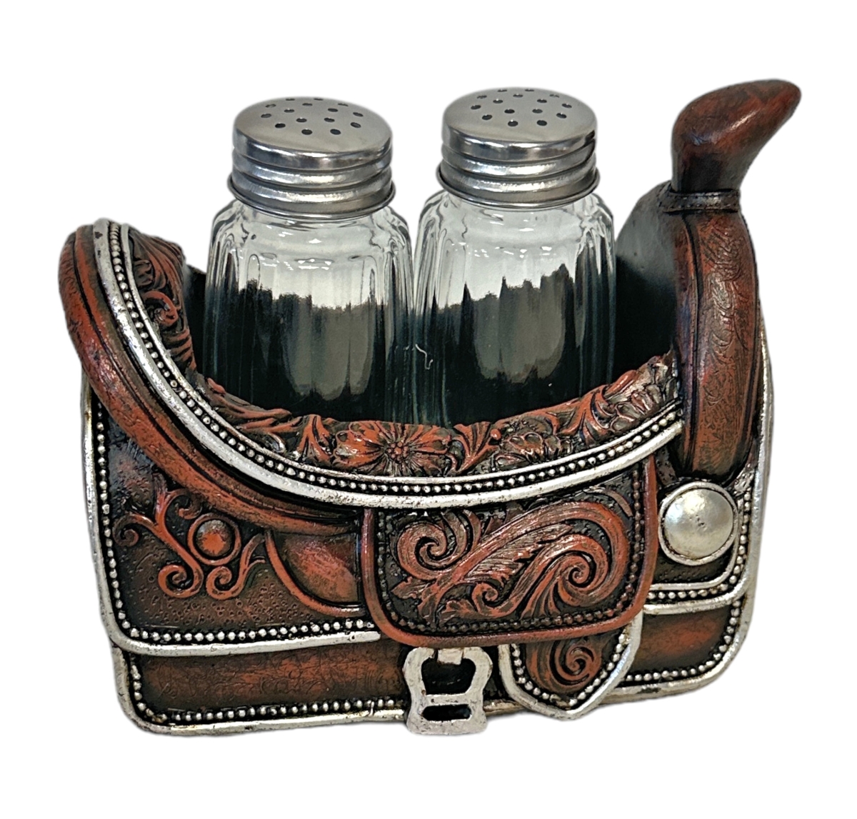 14855 Polyresin Tooled Leather Floral Pattern Western Horse Saddle Salt and Pepper Shaker Holder Set