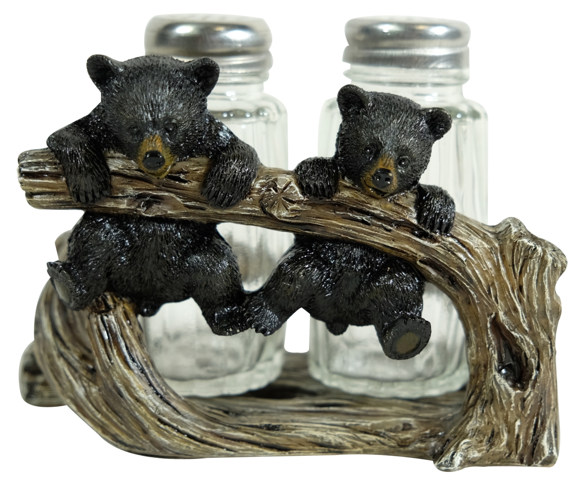 Picture of De Leon Collections 13716 Polyresin Woodland Black Bear Cub Playing on Branch Rustic Forest Salt and Pepper Shaker Holder Set