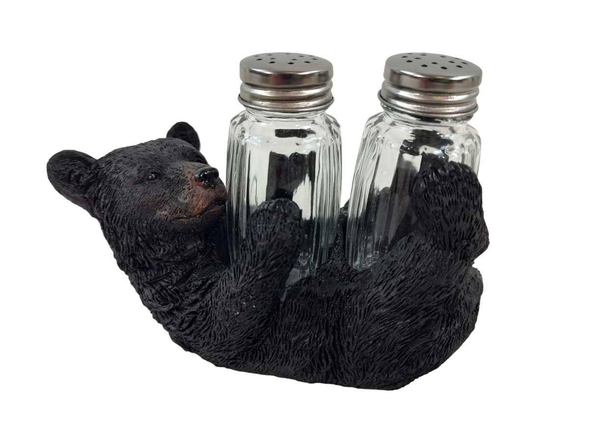 Picture of De Leon Collections 15556 Polyresin Woodland Black Bear Cub Laying on Back Rustic Forest Salt and Pepper Shaker Holder Set