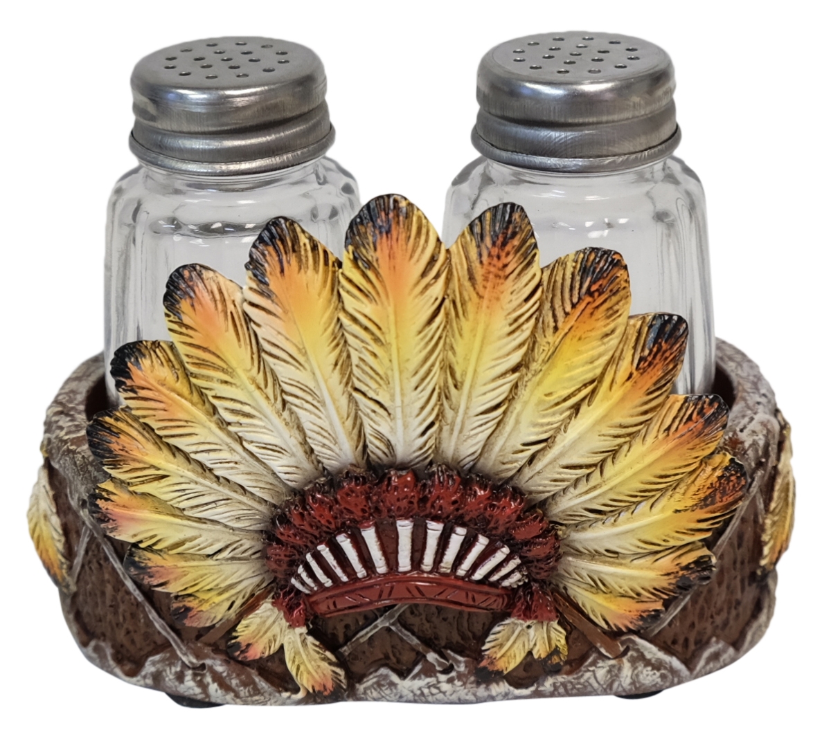 Picture of De Leon Collections 14138 Polyresin Southwestern Native American Tribal Feather Headdress Salt and Pepper Shaker Holder Set
