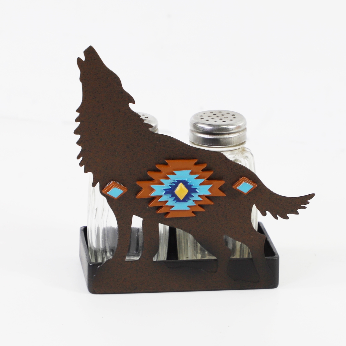 Picture of De Leon Collections 14147 Metal Pecos Southwestern Tribal Howling Wolf Salt and Pepper Shaker Holder Set