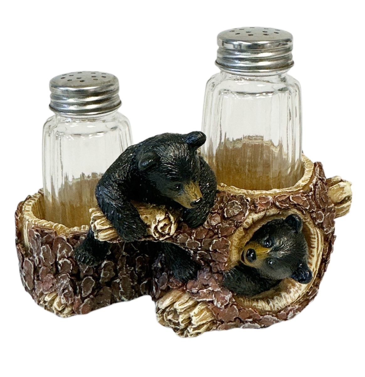Picture of De Leon Collections 14616 Polyresin Black Bear Cub Friends Playing Woodland Forest Stump Salt and Pepper Shaker Holder Set